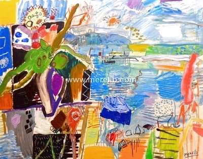 ART LANDSCAPES ARTWORKS. MODERN PAINTINGS CONTEMPORARY.Jose Manuel Merello.-Bouquet on the balcony of the sea (81 x 100 cm) Mix media on canvas 