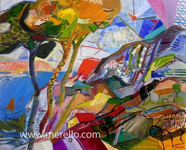 CONTEMPORARY-ART-LANDSCAPES-ARTWORKS-MODERN-PAINTINGS-MEDITERRANEAN-Jose Manuel Merello.- MediterrÃ¡neo azul. Pinada en la bahÃ­a de JÃ¡vea (81 x 100 cm) Canvas