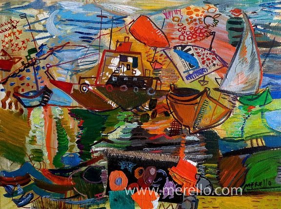 CONTEMPORARY-ART-LANDSCAPES-ARTWORKS-MODERN-PAINTINGS-MEDITERRANEAN-Jose Manuel Merello.- Tormenta de color en Tarifa (54 x 73 cm) Mix media on canvas