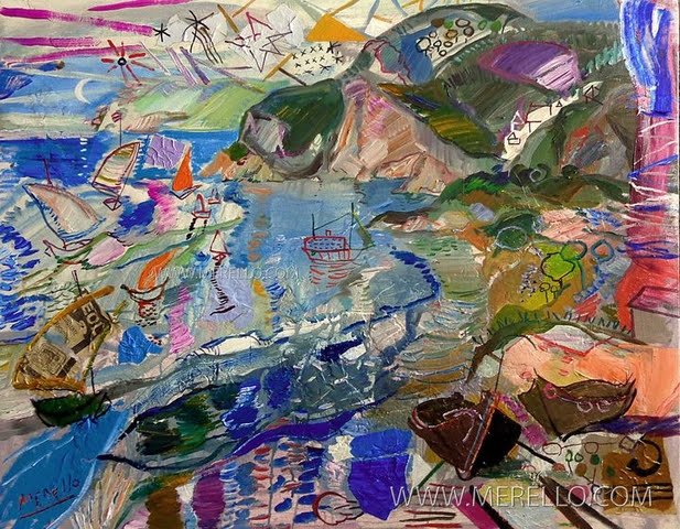 CONTEMPORARY-ART-LANDSCAPES-ARTWORKS-MODERN-PAINTINGS-MEDITERRANEAN-Jose Manuel Merello.-Veleros en el MediterrÃ¡neo (81 x 100 cm) Mix media on canvas