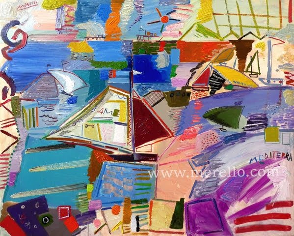 CONTEMPORARY-ART-LANDSCAPES-ARTWORKS-MODERN-PAINTINGS-MEDITERRANEAN-Jose Manuel Merello.-Barcos y veleros en el MediterrÃ¡neo (81 x 100 cm) Mix media on canvas